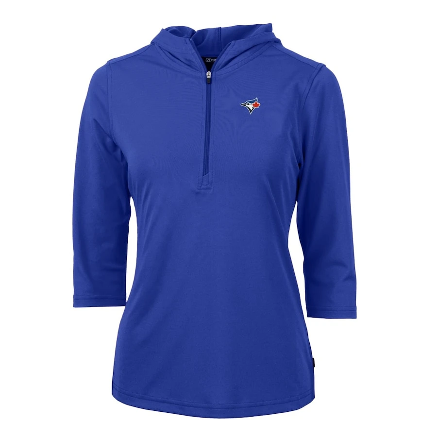 Women's Toronto Blue Jays Cutter & Buck Royal Virtue Eco Pique 3/4 Sleeve Half-Zip Pullover Hoodie 3 Women's Toronto Blue Jays Cutter & Buck Royal Virtue Eco Pique 3/4 Sleeve Half-Zip Pullover Hoodie