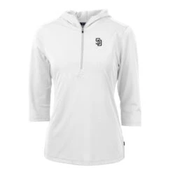 Women's San Diego Padres Cutter & Buck White Virtue Eco Pique 3/4 Sleeve Half-Zip Pullover Hoodie