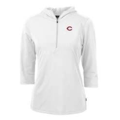 Women's Cincinnati Reds Cutter & Buck White Virtue Eco Pique 3/4 Sleeve Half-Zip Pullover Hoodie
