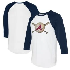 Women's Atlanta Braves Tiny Turnip White/Navy Baseball Cross Bats 3/4-Sleeve Raglan T-Shirt