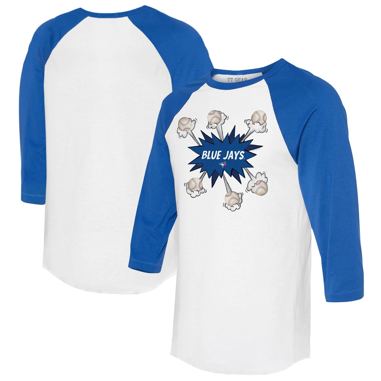Women's Toronto Blue Jays Tiny Turnip White/Royal Baseball Pow 3/4-Sleeve Raglan T-Shirt 3 Women's Toronto Blue Jays Tiny Turnip White/Royal Baseball Pow 3/4-Sleeve Raglan T-Shirt