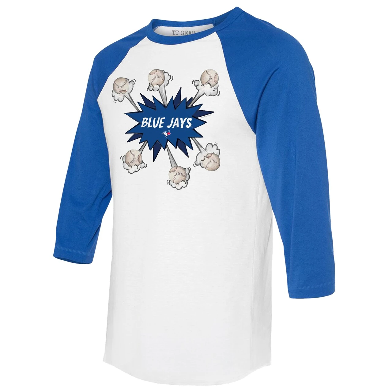 Women's Toronto Blue Jays Tiny Turnip White/Royal Baseball Pow 3/4-Sleeve Raglan T-Shirt 4 Women's Toronto Blue Jays Tiny Turnip White/Royal Baseball Pow 3/4-Sleeve Raglan T-Shirt - Image 2