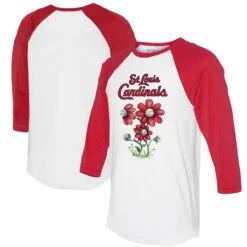 Women's St. Louis Cardinals Tiny Turnip White/Red Blooming Baseballs 3/4-Sleeve Raglan T-Shirt