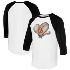 Women's Baltimore Orioles Tiny Turnip White/Black Heart Banner 3/4-Sleeve Raglan T-Shirt