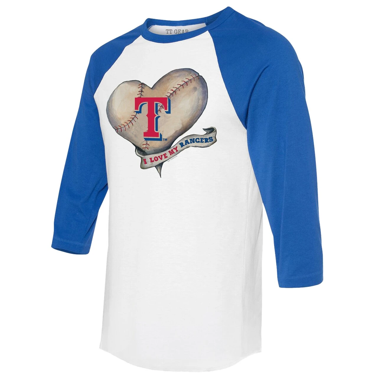 Women's Texas Rangers Tiny Turnip White/Royal Heart Banner 3/4-Sleeve Raglan T-Shirt 4 Women's Texas Rangers Tiny Turnip White/Royal Heart Banner 3/4-Sleeve Raglan T-Shirt - Image 2