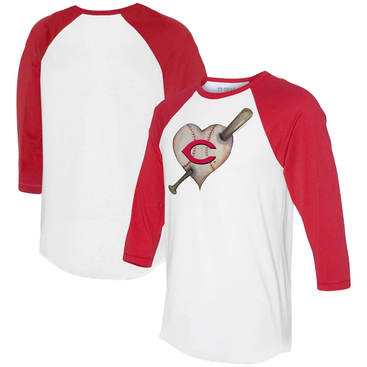 Women's Cincinnati Reds Tiny Turnip White/Red Heart Bat 3/4-Sleeve Raglan T-Shirt 3 Women's Cincinnati Reds Tiny Turnip White/Red Heart Bat 3/4-Sleeve Raglan T-Shirt