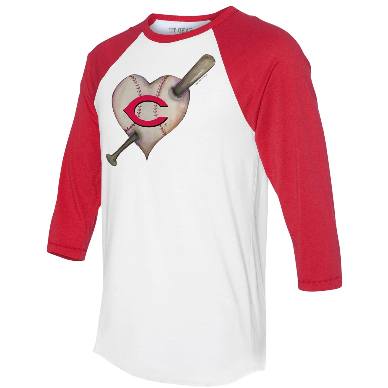 Women's Cincinnati Reds Tiny Turnip White/Red Heart Bat 3/4-Sleeve Raglan T-Shirt 4 Women's Cincinnati Reds Tiny Turnip White/Red Heart Bat 3/4-Sleeve Raglan T-Shirt - Image 2