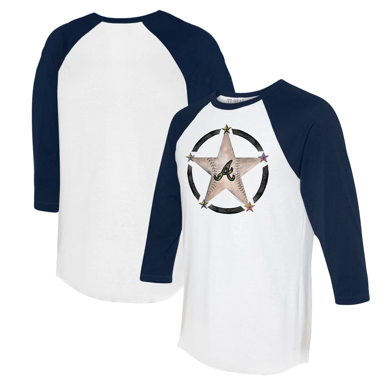 Women's Atlanta Braves Tiny Turnip White/Navy Military Star 3/4-Sleeve Raglan T-Shirt 3 Women's Atlanta Braves Tiny Turnip White/Navy Military Star 3/4-Sleeve Raglan T-Shirt