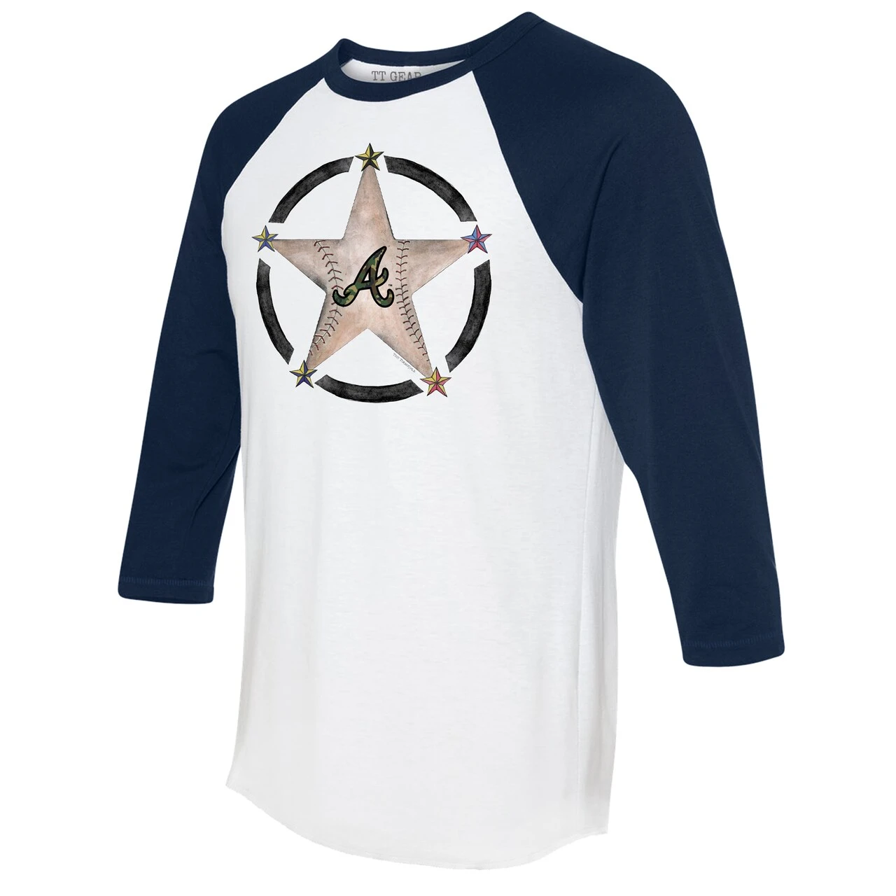 Women's Atlanta Braves Tiny Turnip White/Navy Military Star 3/4-Sleeve Raglan T-Shirt 4 Women's Atlanta Braves Tiny Turnip White/Navy Military Star 3/4-Sleeve Raglan T-Shirt - Image 2