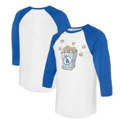 Women's Los Angeles Dodgers Tiny Turnip White/Royal Popcorn 3/4-Sleeve Raglan T-Shirt