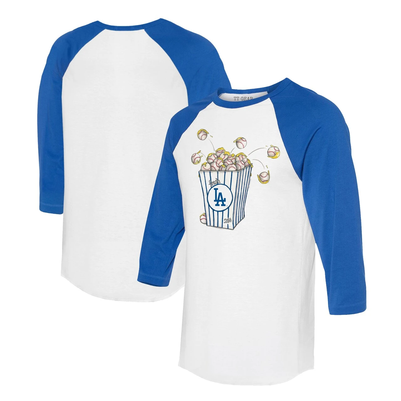 Women's Los Angeles Dodgers Tiny Turnip White/Royal Popcorn 3/4-Sleeve Raglan T-Shirt 3 Women's Los Angeles Dodgers Tiny Turnip White/Royal Popcorn 3/4-Sleeve Raglan T-Shirt