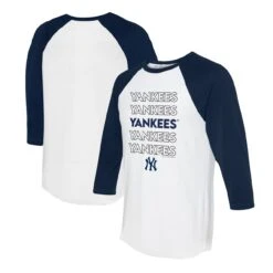 Women's New York Yankees Tiny Turnip White/Navy Stacked 3/4-Sleeve Raglan T-Shirt
