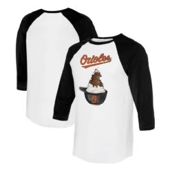 Women's Baltimore Orioles Tiny Turnip White/Black Sundae Helmet 3/4-Sleeve Raglan T-Shirt