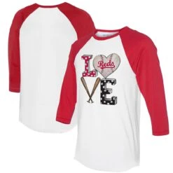 Women's Cincinnati Reds Tiny Turnip White/Red Baseball Love Raglan 3/4-Sleeve T-Shirt
