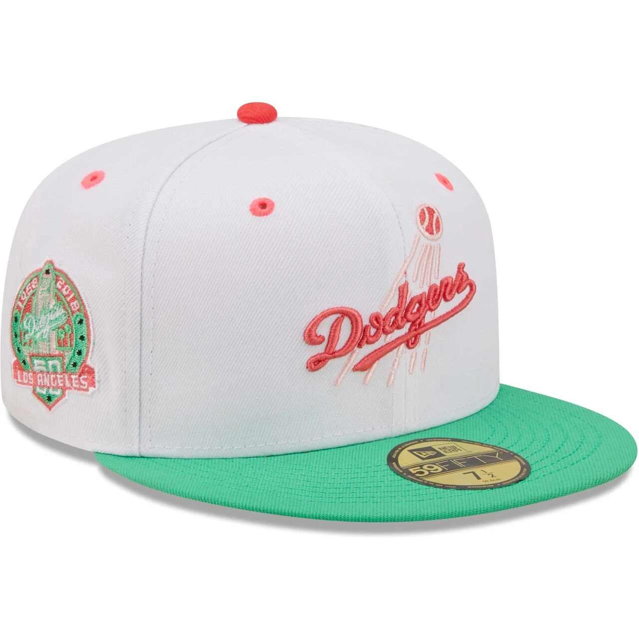 Men's Los Angeles Dodgers New Era White/Green 50th Anniversary In Los Angeles Watermelon Lolli 59FIFTY Fitted Hat 3 Men's Los Angeles Dodgers New Era White/Green 50th Anniversary In Los Angeles Watermelon Lolli 59FIFTY Fitted Hat