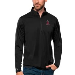 Men's Los Angeles Angels Antigua Black Tribute Quarter-Zip Pullover Top
