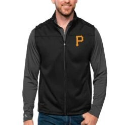 Men's Pittsburgh Pirates Antigua Black Links Full-Zip Golf Vest