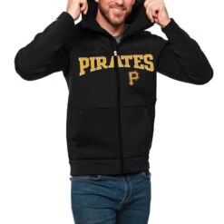 Men's Pittsburgh Pirates Antigua Black Wordmark Protect Full-Zip Hoodie