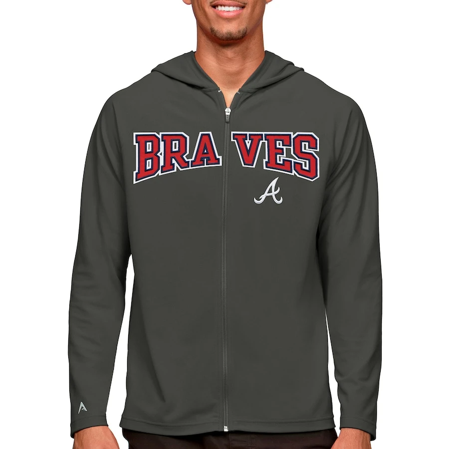 Men's Atlanta Braves Antigua Charcoal Wordmark Legacy Full-Zip Hoodie 3 Men's Atlanta Braves Antigua Charcoal Wordmark Legacy Full-Zip Hoodie