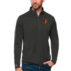 Men's Baltimore Orioles Antigua Charcoal Tribute Quarter-Zip Pullover Top