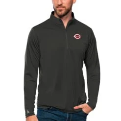 Men's Cincinnati Reds Antigua Charcoal Tribute Quarter-Zip Pullover Top