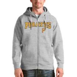Pittsburgh Pirates Antigua Heather Gray Team Logo Victory Full-Zip Hoodie