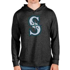 Men's Seattle Mariners Antigua Heathered Black Team Logo Absolute Pullover Hoodie