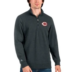 Men's Cincinnati Reds Antigua Heathered Charcoal Action Quarter-Zip Pullover Sweatshirt