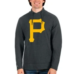 Men's Pittsburgh Pirates Antigua Heathered Charcoal Reward Pullover Sweatshirt