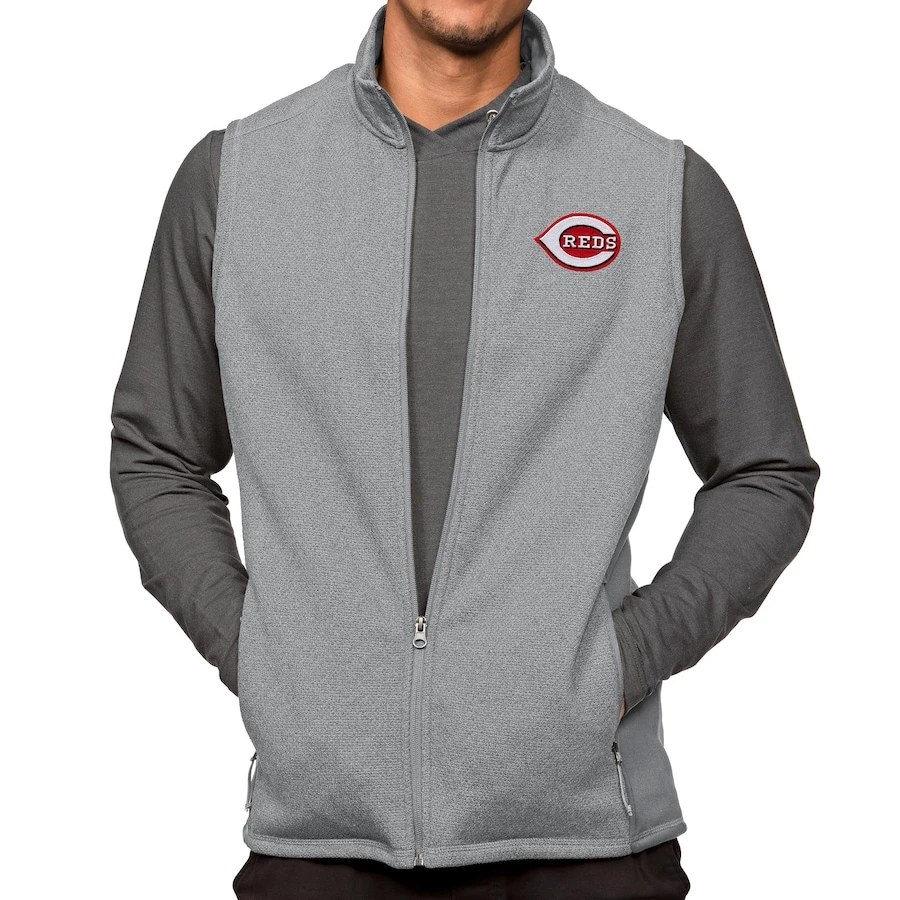 Men's Cincinnati Reds Antigua Heathered Gray Course Full-Zip Vest 3 Men's Cincinnati Reds Antigua Heathered Gray Course Full-Zip Vest