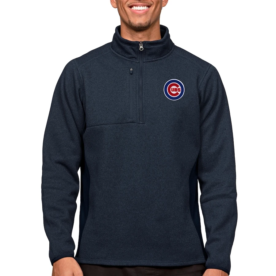 Men's Chicago Cubs Antigua Heathered Navy Course Quarter-Zip Pullover Top 3 Men's Chicago Cubs Antigua Heathered Navy Course Quarter-Zip Pullover Top