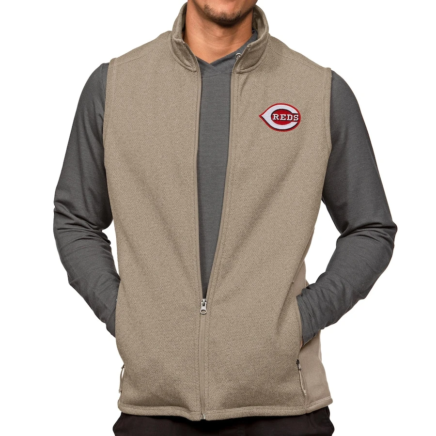 Men's Cincinnati Reds Antigua Oatmeal Course Full-Zip Vest 3 Men's Cincinnati Reds Antigua Oatmeal Course Full-Zip Vest