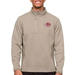 Men's Cincinnati Reds Antigua Oatmeal Course Quarter-Zip Pullover Top