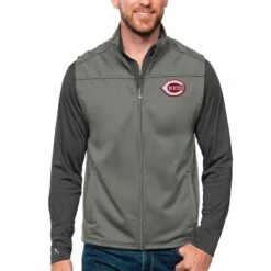 Men's Cincinnati Reds Antigua Steel Links Full-Zip Golf Vest
