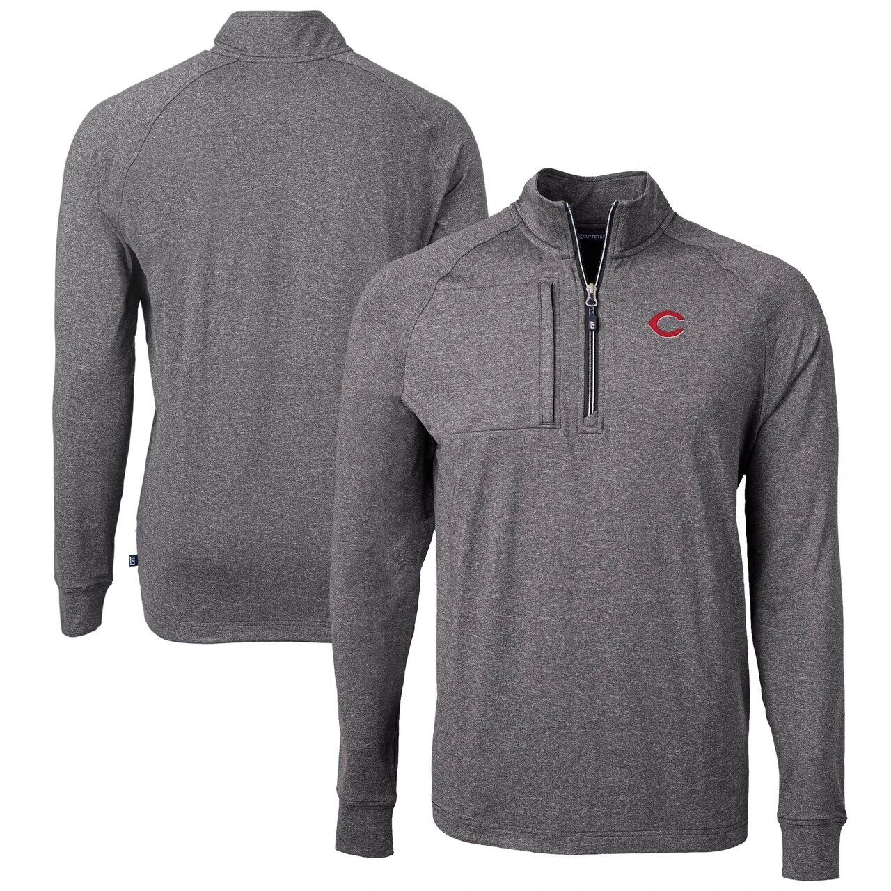 Men's Cincinnati Reds Cutter & Buck Heather Black Adapt Eco Knit Stretch Recycled Quarter-Zip Pullover Top 3 Men's Cincinnati Reds Cutter & Buck Heather Black Adapt Eco Knit Stretch Recycled Quarter-Zip Pullover Top