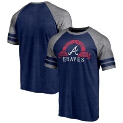 Men's Atlanta Braves Fanatics Branded Heather Navy Utility Two-Stripe Raglan Tri-Blend T-Shirt