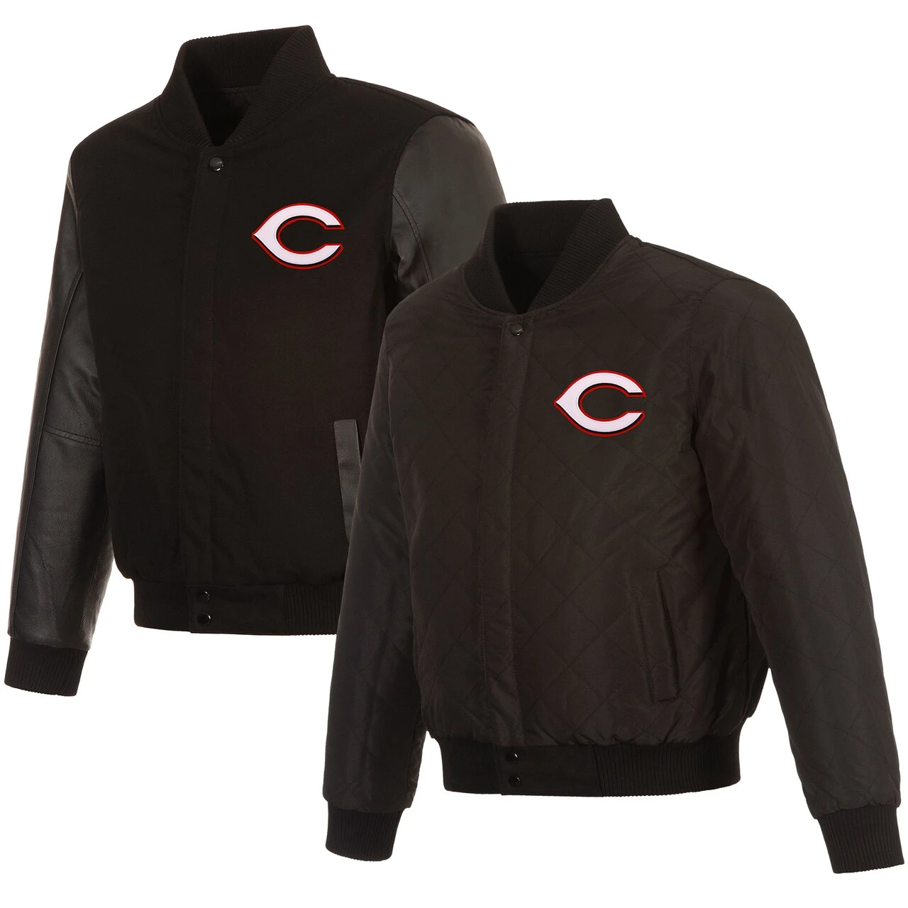 Men's Cincinnati Reds JH Design Black Wool & Leather Reversible Jacket 3 Men's Cincinnati Reds JH Design Black Wool & Leather Reversible Jacket