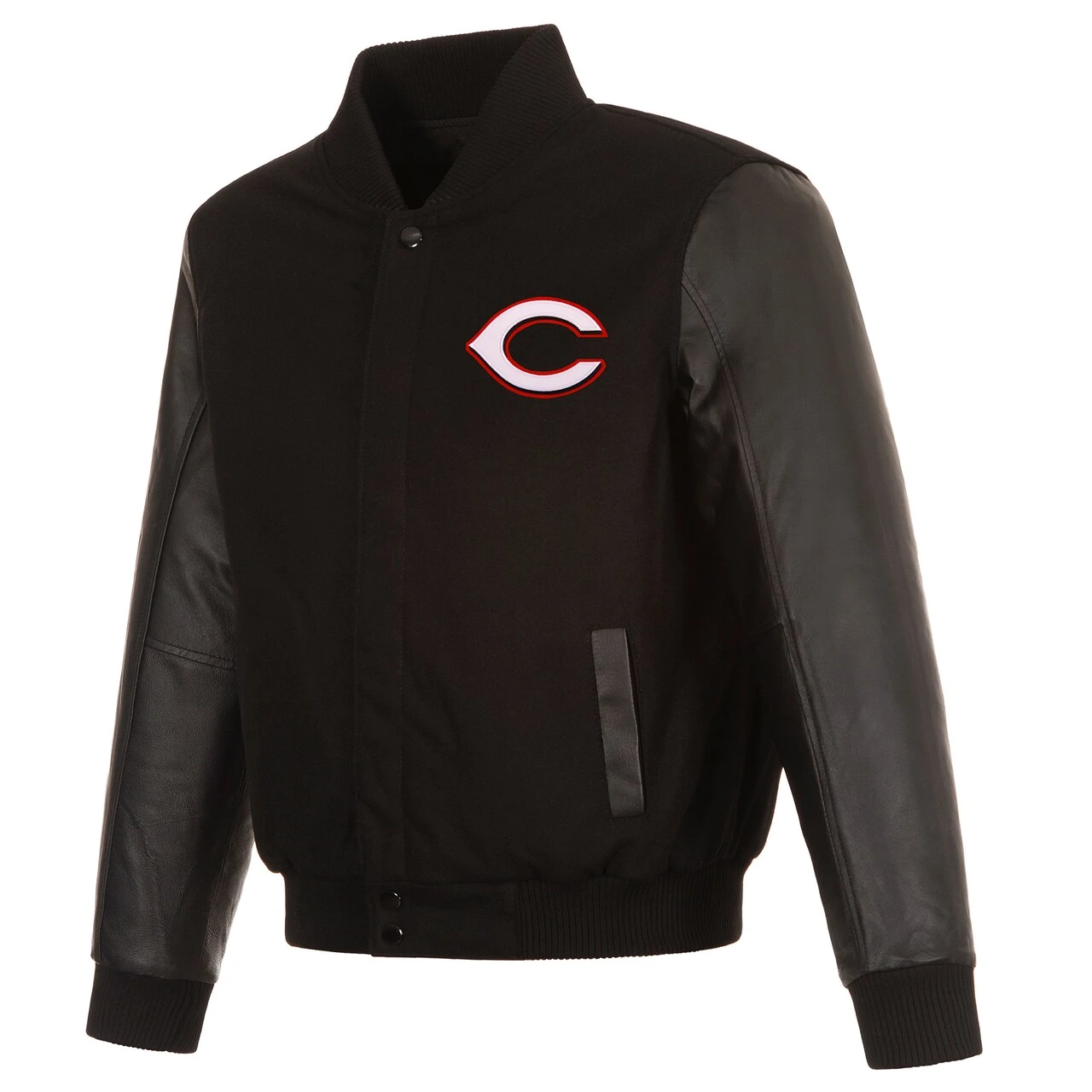 Men's Cincinnati Reds JH Design Black Wool & Leather Reversible Jacket 5 Men's Cincinnati Reds JH Design Black Wool & Leather Reversible Jacket - Image 3