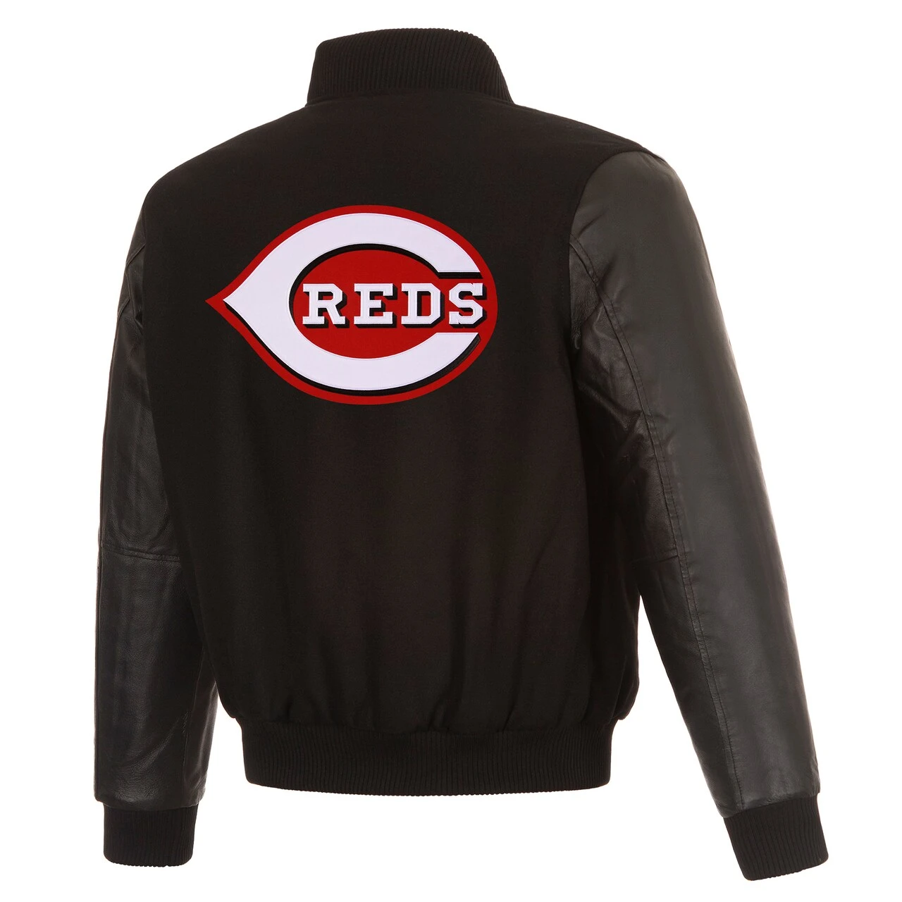 Men's Cincinnati Reds JH Design Black Wool & Leather Reversible Jacket 6 Men's Cincinnati Reds JH Design Black Wool & Leather Reversible Jacket - Image 4