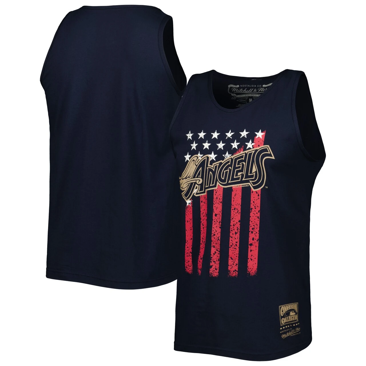 Men's Los Angeles Angels Mitchell & Ness Navy Cooperstown Collection Stars And Stripes Tank Top 3 Men's Los Angeles Angels Mitchell & Ness Navy Cooperstown Collection Stars And Stripes Tank Top