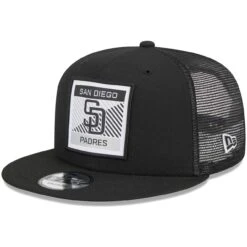 Men's San Diego Padres New Era Black Scratch Squared Trucker 9FIFTY Snapback Hat