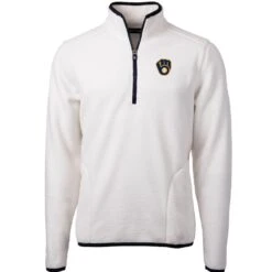 Men's Milwaukee Brewers Cutter & Buck White/Navy Cascade Eco Sherpa Fleece Quarter-Zip Pullover Jacket