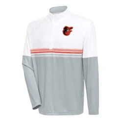 Men's Baltimore Orioles Antigua White/Orange Bender Quarter-Zip Pullover Top