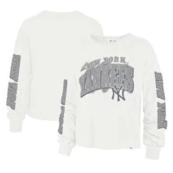 Women's New York Yankees '47 Cream Parkway Brush Back Long Sleeve Cropped T-Shirt