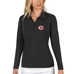 Women's Cincinnati Reds Antigua Black Tribute Long Sleeve Polo