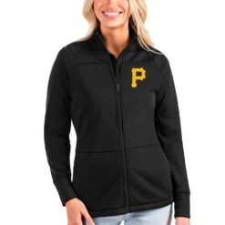 Women's Pittsburgh Pirates Antigua Black Links Full-Zip Golf Jacket