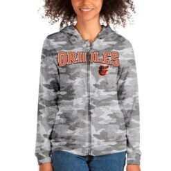 Women's Baltimore Orioles Antigua Camo Wordmark Absolute Full-Zip Hoodie