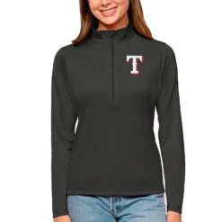 Women's Texas Rangers Antigua Charcoal Tribute Quarter-Zip Pullover Top