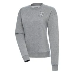 Women's Detroit Tigers Antigua Heather Gray Brushed Metallic Victory Pullover Sweatshirt