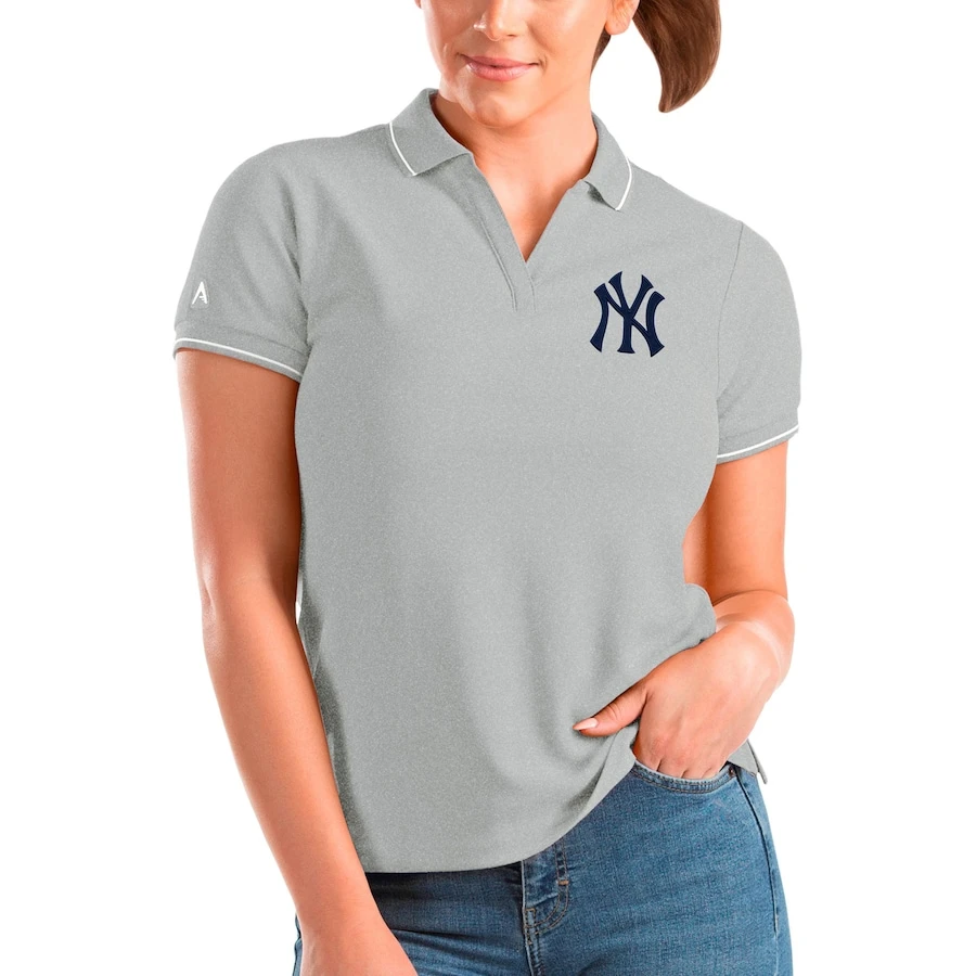 Women's New York Yankees Antigua Heathered Gray Affluent Polo 3 Women's New York Yankees Antigua Heathered Gray Affluent Polo